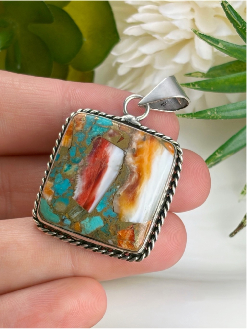 Southwest Square Oyster Turquoise Pendant Sterling Silver 925 Overlay Handmade